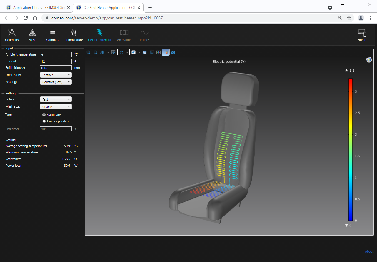 A car seat heater application open in COMSOL Server showing the electric potential of the seat; the user interface is shown in dark mode.